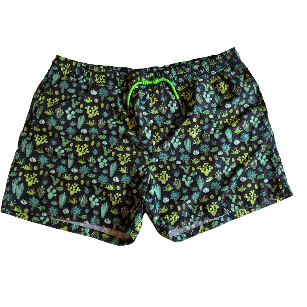 Pull & Bear Cactus Print Swim Trunks Black Green Board Shorts XL